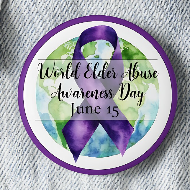 Badge Rond 5 Cm Journée mondiale de sensibilisation à la violence  (Purple ribbon and globe. World Elder Abuse Awareness Day June 15.)