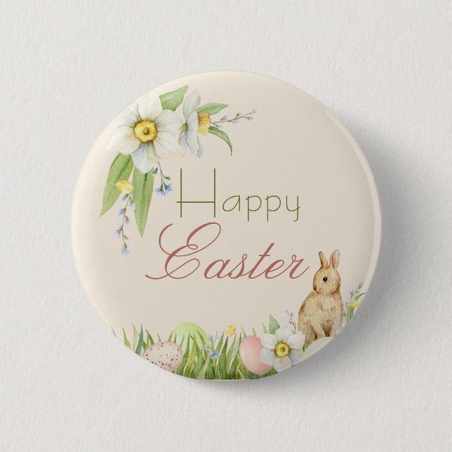 Badge Rond 5 Cm Joyeuse Pâques Doux Lapin Aquarelle Florale (Devant)