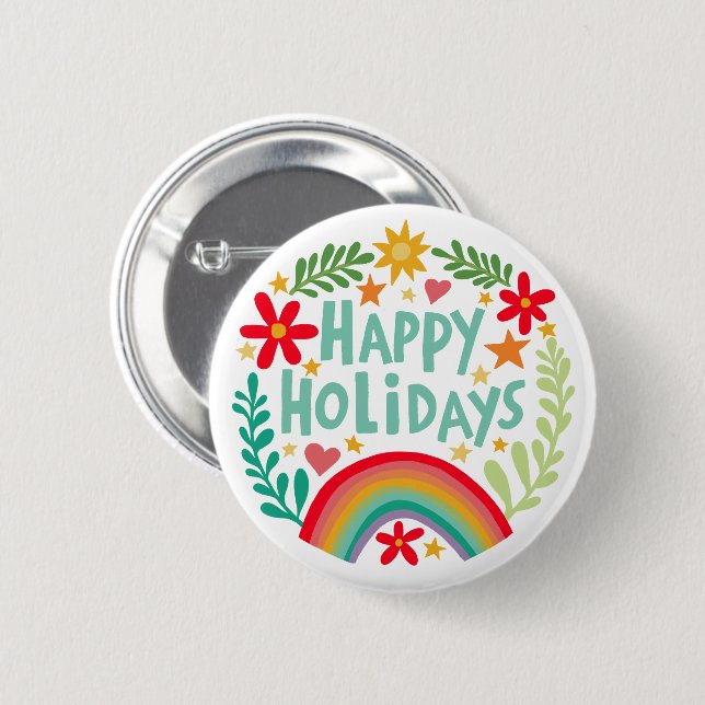 Badge Rond 5 Cm Joyeuses Vacances Arc-en-ciel mignon à la main col (Devant & derrière)