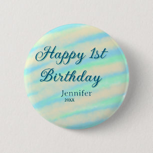 Badge Rond 5 Cm Joyeux 1er anniversaire enfants bébé bleu vert pas