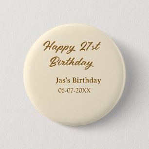 Badge Rond 5 Cm Joyeux 21e anniversaire marron pastel jaune nom da