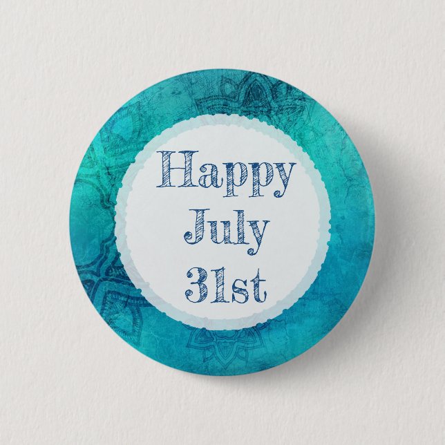 Badge Rond 5 Cm Joyeux 31 Juillet Bouton Mandala Bleu (Devant)