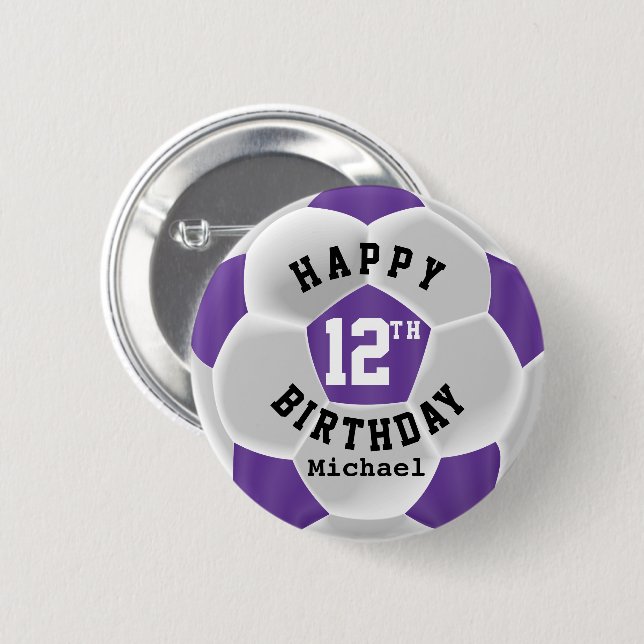 Badge Rond 5 Cm Joyeux anniversaire - Bal de football violet (Devant & derrière)