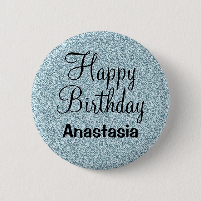 Badge Rond 5 Cm Joyeux Anniversaire Bleu Argent Paillettes Brillan (Devant)