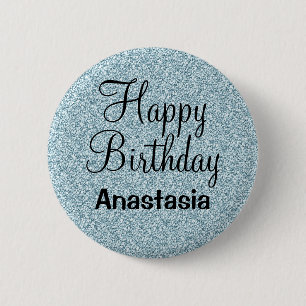 Badge Rond 5 Cm Joyeux Anniversaire Bleu Argent Paillettes Brillan