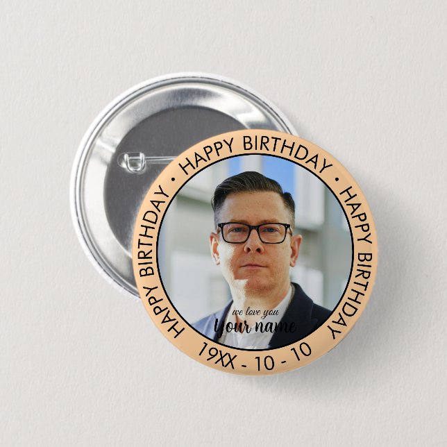 Badge Rond 5 Cm Joyeux Anniversaire Moderne Simple Photo Personnal (Devant & derrière)