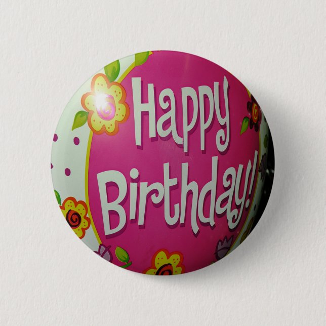 Badge Rond 5 Cm Joyeux Balloon d'Anniversaire avec Fleurs, Concept (Devant)