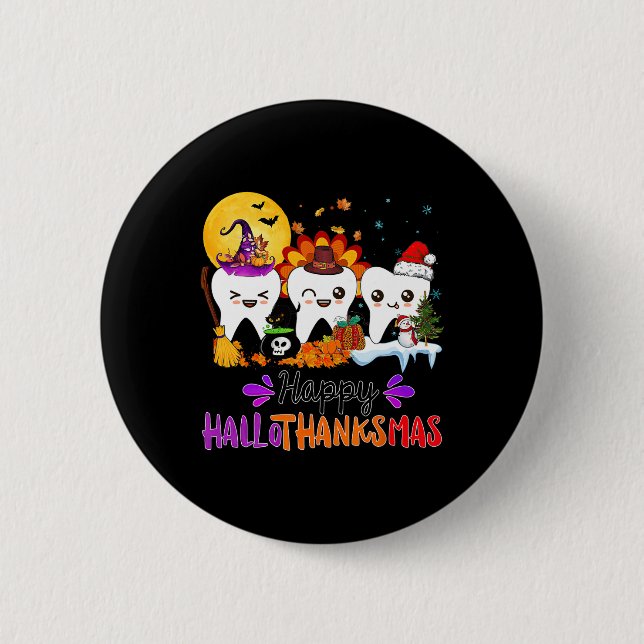 Badge Rond 5 Cm Joyeux Hallothanksmas Dents Halloween Thanksgiving (Devant)