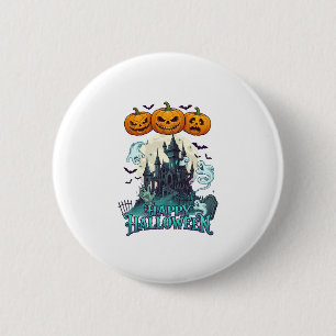 Badge Rond 5 Cm Joyeux Halloween Château Hanté Citrouilles Fantôme