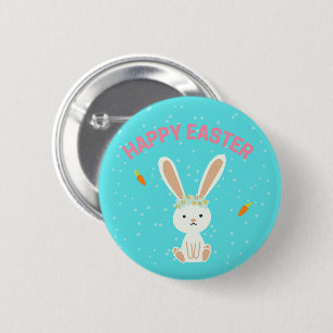 Badge Rond 5 Cm Joyeux lapin blanc de Pâques sur bleu