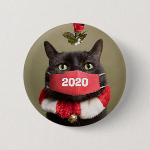 Badge Rond 5 Cm Joyeux Noël 2020 Chat en masque de visage covid