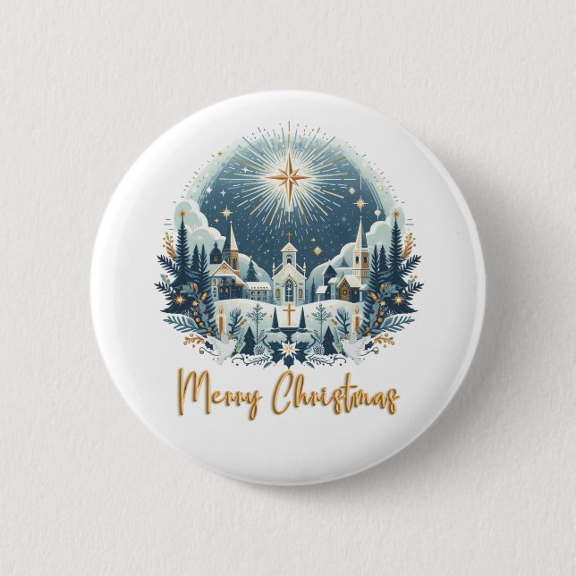 Badge Rond 5 Cm Joyeux Noël bleu et or (Devant)
