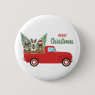 Badge Rond 5 Cm Joyeux Noël Bouledogues Français Camionnette Rouge