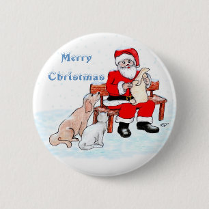 Badge Rond 5 Cm Joyeux Noël - Père Noël avec chat et chien