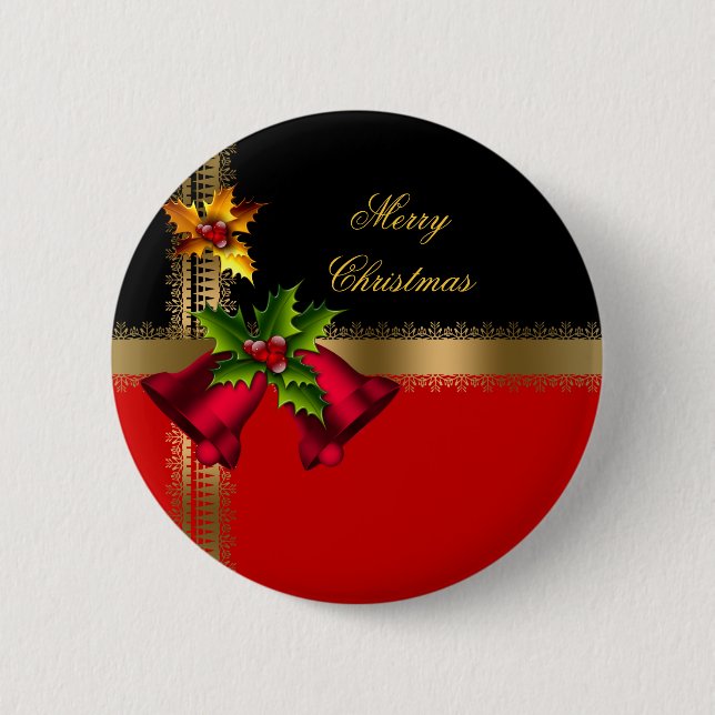 Badge Rond 5 Cm Joyeux Noël Vacances Rouge Cloches Noir Or (Devant)