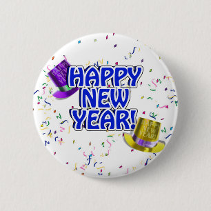 Badge Rond 5 Cm Joyeux Nouvel An Bleu & Blanc Texte