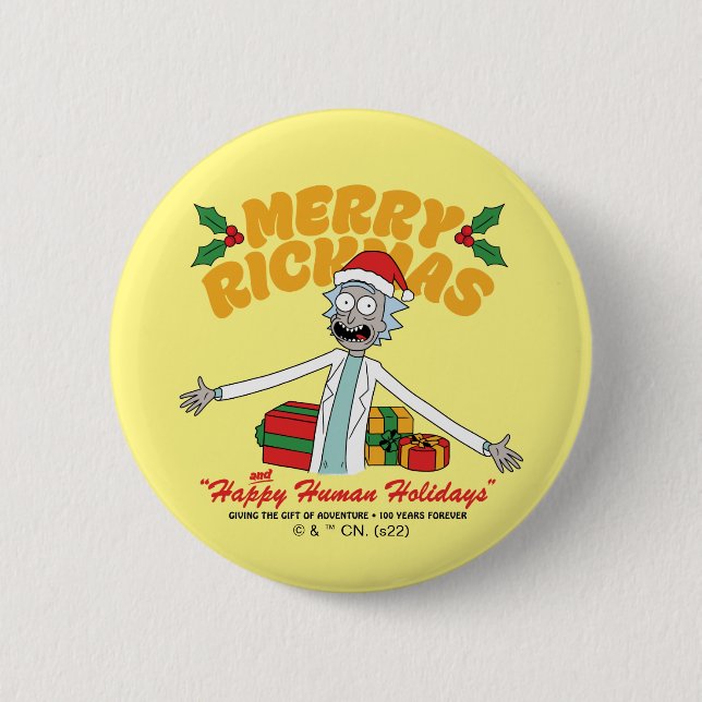Badge Rond 5 Cm Joyeux Rickmas et Joyeuses Fêtes Humaines (Devant)