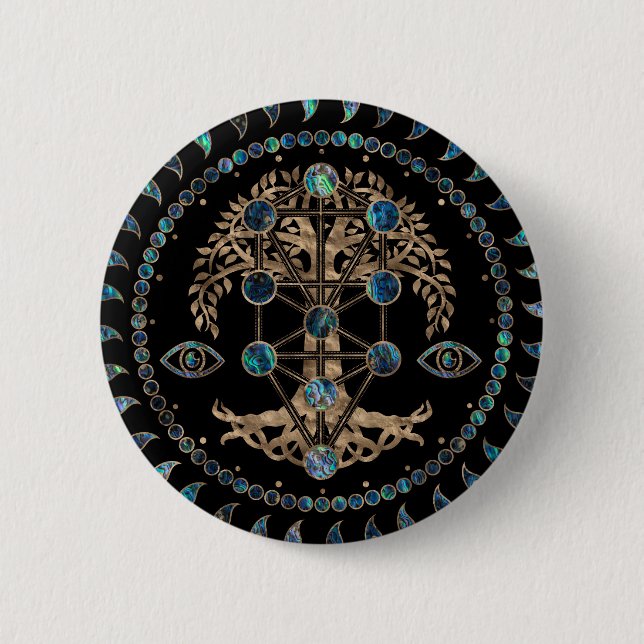 Badge Rond 5 Cm Kabbalah L'Arbre de la Vie L'Abalone et l'Or (Devant)