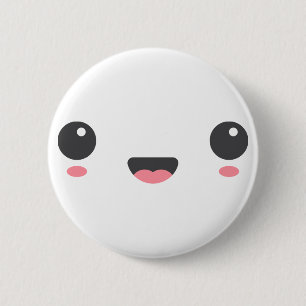 Badge Rond 5 Cm Kawaii, joli visage heureux, blanc