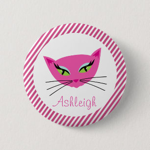 Badge Rond 5 Cm Kitty rose chaud personnalisé avec traits