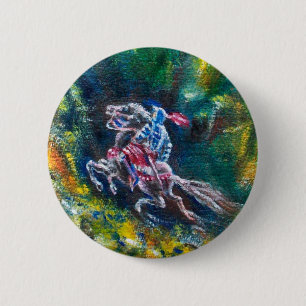 BADGE ROND 5 CM KNIGHT LANCELOT, CHEVAL EN FORÊT VERTE