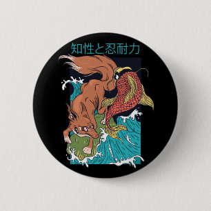 Badge Rond 5 Cm Koi Fish with Fox Japanese Style Design
