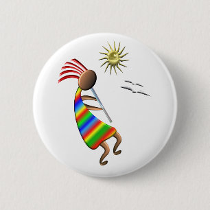 Badge Rond 5 Cm Kokopelli Sun et oiseaux