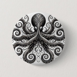 Badge Rond 5 Cm Kraken Steampunk Octopus Ornate Black
