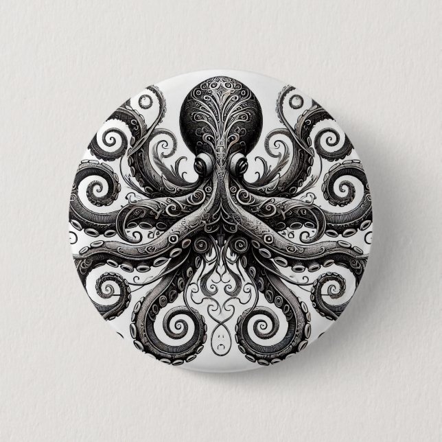 Badge Rond 5 Cm Kraken Steampunk Octopus Ornate Black (Devant)