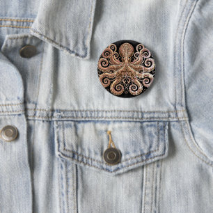 Badge Rond 5 Cm Kraken Steampunk Octopus Ornate Gold Noir