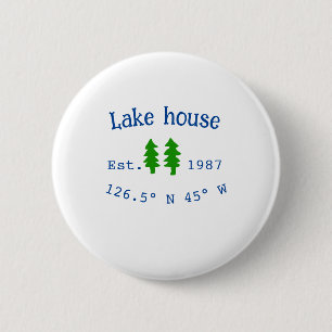 Badge Rond 5 Cm Lake house et. Date année coordonnées personnalisé