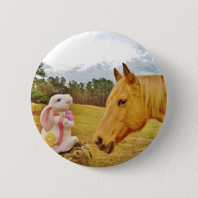 Badge Rond 5 Cm Lapin blanc et Cheval jaune (Devant)