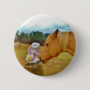Badge Rond 5 Cm Lapin blanc et Cheval jaune
