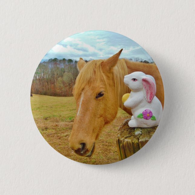 Badge Rond 5 Cm Lapin blanc et cheval jaune blond (Devant)