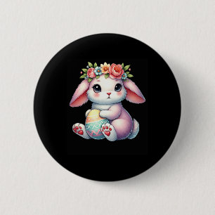 Badge Rond 5 Cm Lapin De Pâques Avec Fleurs Filles De La Couronne