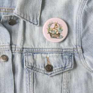 Badge Rond 5 Cm Lapin de Pâques Rose floral
