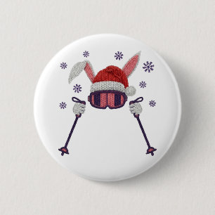 Badge Rond 5 Cm Lapin de ski en faux fil avec chapeau de Père Noël