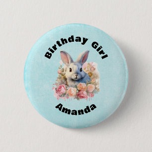 Badge Rond 5 Cm Lapin fille d'anniversaire avec une guirlande de r