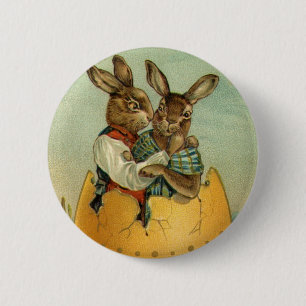 Badge Rond 5 Cm lapins dans un oeuf d'or, Vintage de Pâques victor