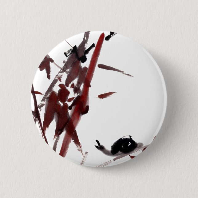 Badge Rond 5 Cm L'art à l'encre avec escargot et bambou rouge (Devant)