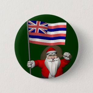 Badge Rond 5 Cm Le Père Noël Avec L'Ensigne D'Hawaï
