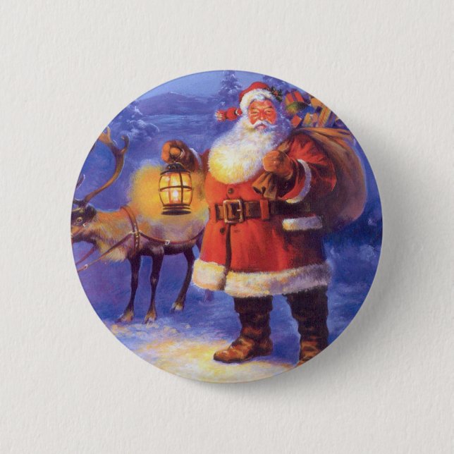 Badge Rond 5 Cm Le Père Noël et son renne (Devant)