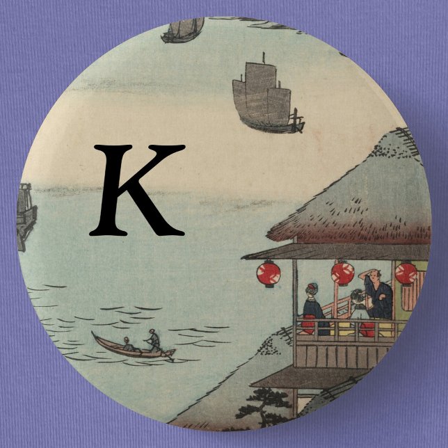 Badge Rond 5 Cm Le port de Kanagawa, Japon : Monogramme (The Harbor at Kanagawa, Japan, Monogrammed Button Pin- Detail View)