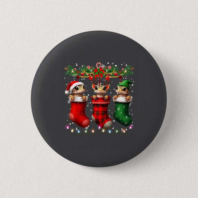 Badge Rond 5 Cm Leopard Gecko In Christmas Socks Lights Leopard Ge (Devant)