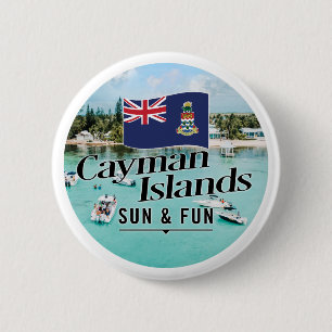 Badge Rond 5 Cm "Les Îles Caïmans Soleil & Amusement" Avec Drapeau