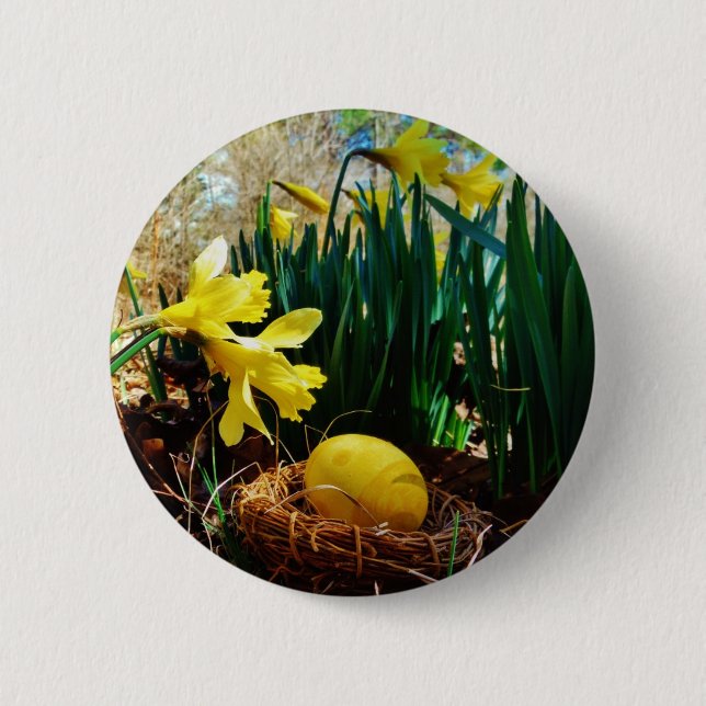 Badge Rond 5 Cm Les jonquilles jaunes et un oeuf de Pâques jaune (Devant)
