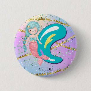 Badge Rond 5 Cm Lettre C Monogramme Aquarelle mignonne Sirène