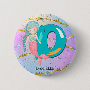 Badge Rond 5 Cm Lettre D Monogramme Aquarelle mignonne Sirène