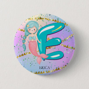 Badge Rond 5 Cm Lettre E Monogramme Aquarelle mignonne Sirène