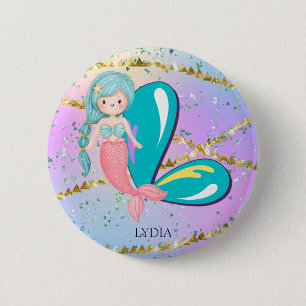 Badge Rond 5 Cm Lettre L Monogramme Aquarelle mignonne Sirène